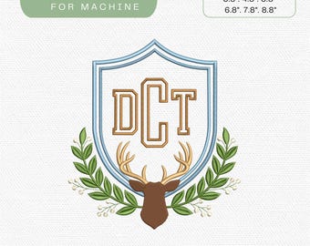 Deer Crest Embroidery Design, Buck Head Antler Crest Frame Machine Embroidery File, Southern Preppy Shield Baby Boy Crest, Instant Download
