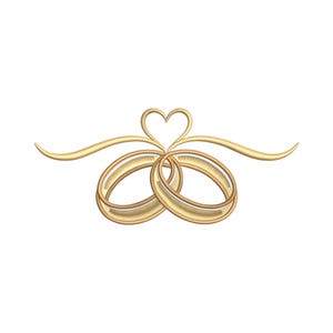 May include: A gold-colored embroidery design featuring two interlocking rings positioned side-by-side. Above the rings, a delicate, symmetrical heart shape is formed by two curved lines that extend outward to the left and right sides.