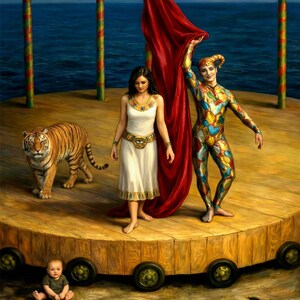 Puede incluir: Pintura que representa una escena de circo con un tigre, una mujer con un vestido blanco y un bufón con atuendo colorido. Un bebé está sentado al borde del escenario. El fondo presenta un mar azul y cortinas rojas.