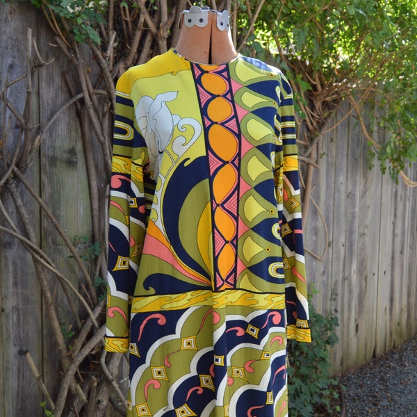 RESERVED FOR M  Vintage Psychedelic Artemis Dress in Green, Dark Blue, Yellow, Pink, Orange, and White