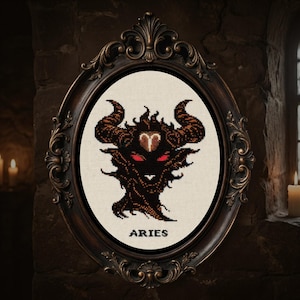 Gothic Aries Cross Stitch Pattern, Zodiac Ram Head Dark Embroidery Design, Occult Horoscope Art PDF, Fantasy Gothic Decor Chart