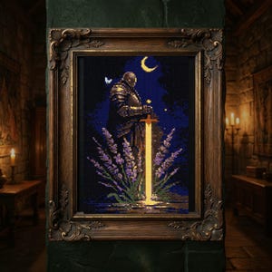 Puede incluir: Obra de arte enmarcada que representa a un caballero sosteniendo una espada brillante, sobre un cielo nocturno con una luna creciente. El caballero está entre flores de lavanda. El marco es ornamentado, con un acabado de madera oscura.