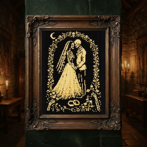 Gothic Skeleton Wedding Cross Stitch Pattern PDF, Dark Romance Bride and Groom Embroidery Chart, Halloween Skull Love Needlework Design