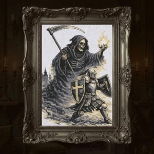 Patrón de punto de cruz medieval, arte gótico de la Parca y los Cruzados, gráfico de bordado de fantasía oscura con jinete de la muerte en PDF, descarga instantánea