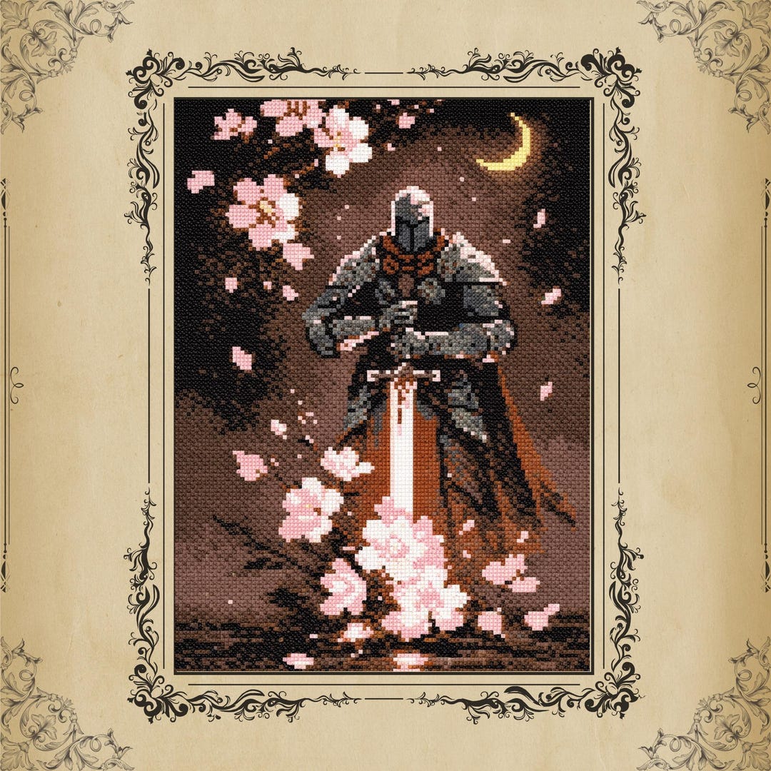 Gothic Knight Under Sakura Cross Stitch Pattern PDF, Dark Fantasy ...