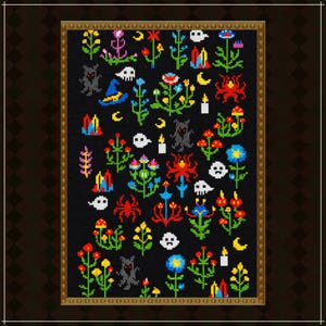 Gothic Halloween Cross Stitch Pattern, Witchy Garden Floral Sampler Embroidery Design, Ghost Spider Candle Motifs PDF Dark Decor