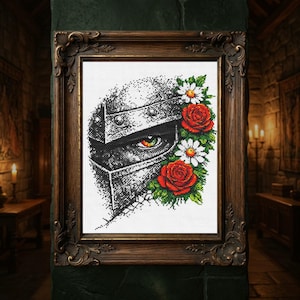 Dark Knight Watching Cross Stitch Pattern PDF, Gothic Armor Eye Roses Borduurkaart, Middeleeuws Fantasy Guardian-handwerkontwerp, Gothic Armor Eye Roses