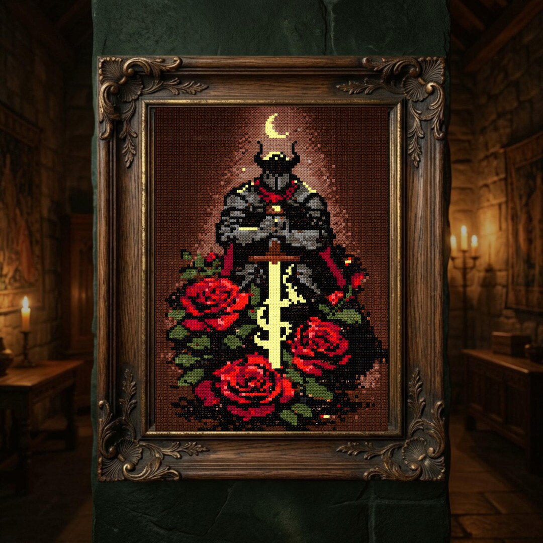 Gothic Knight With Red Roses Cross Stitch Pattern PDF, Dark Medieval ...