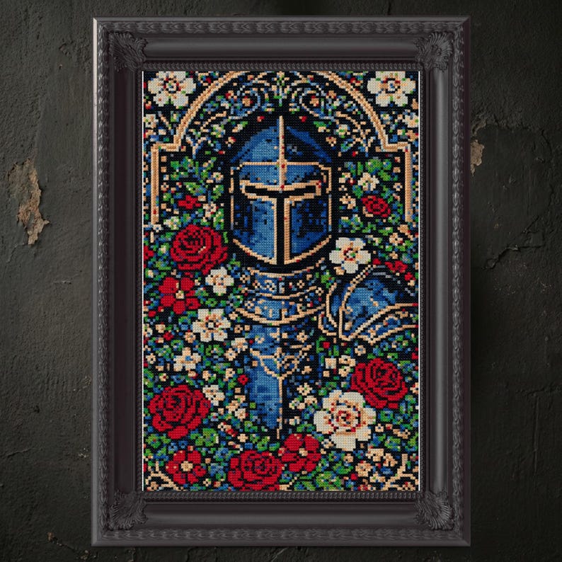 Medieval Knight Cross Stitch Pattern PDF, Gothic Floral Armor Portrait ...