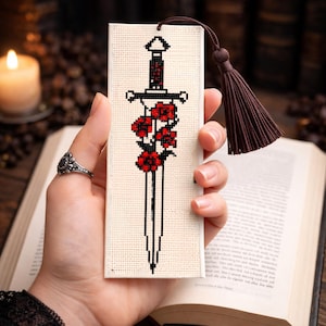 Gothic Rose Sword Bookmark Cross Stitch Pattern PDF, Dark Floral Dagger Embroidery Chart, Medieval Needlework Design, Book Lover Gift DIY