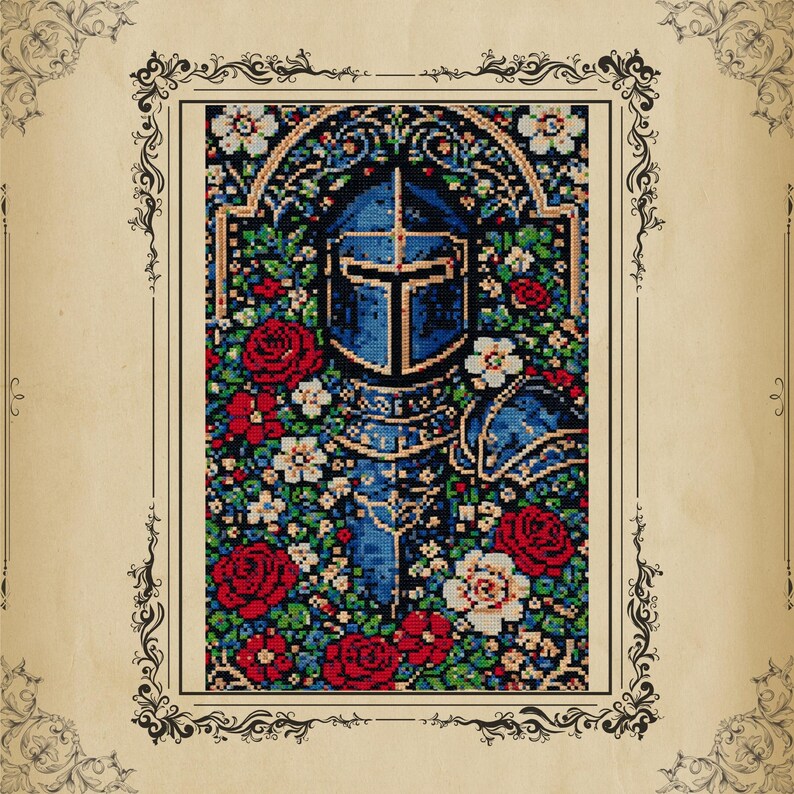 Medieval Knight Cross Stitch Pattern PDF, Gothic Floral Armor Portrait ...