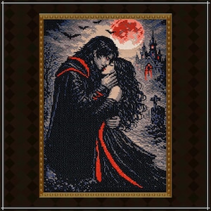 May include: Cross-stitch artwork depicting a romantic gothic scene. A couple embraces in front of a castle under a red moon. The artwork features a dark color palette with red accents, bats, and a graveyard.