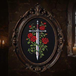 Gothic Sword with Roses Cross Stitch Pattern PDF, Dark Romantic Dagger Embroidery Chart, Gothic Floral Blade Tattoo Style Wall Art