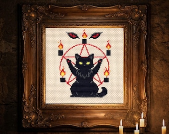 Gothic kat kruissteekpatroon, zwart occult kitten pentagram ontwerp, Witchy Candle Art pdf, Halloween-borduurpatroon, donker decor