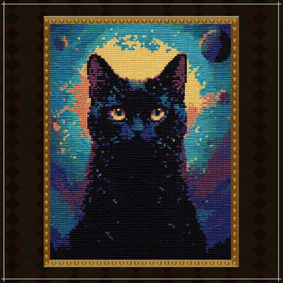 Black Cat Cross Stitch Pattern PDF, Cosmic Galaxy Moon Kitty Design ...
