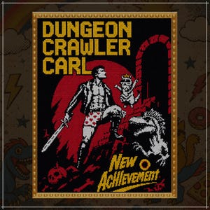 May include: A framed cross-stitch art piece featuring a pixelated design. The artwork depicts a muscular figure with a sword, a cat wearing a crown, and a dinosaur. The text "DUNGEON CRAWLER CARL" and "NEW ACHIEVEMENT" are displayed in yellow.