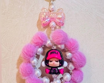 Pink Plush Ball and Skullpanda Bag/Phone Charm or Keychain