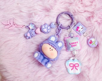 Purple Ama Lilith Character Keychain with Pastel Charms, Playful Bag Accessory