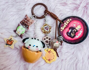 Brown White Puppy Charm Keychain with Pink Cookie Accent, Leather Loop Bag Accessory