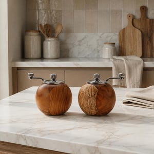 May include: Two spherical wooden salt and pepper grinders with polished silver-tone metal crank handles on top. The grinders feature natural wood grain patterns in warm brown tones, with one showing a distinct burl wood texture on its side.