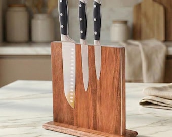 Acacia Wood Magnetic Knife Block Stand, Hidden Strong Magnets, Countertop Wooden Knife Rack Holder, Knife Stand Organizer, Chef Gift