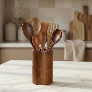 Soporte de madera para utensilios, recipiente rústico para utensilios de cocina, organizador de encimera estilo granja, soporte para cucharas y espátulas, decoración de cocina de madera, regalo para ella