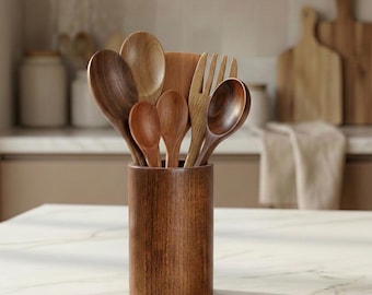 Wooden Utensil Holder, Rustic Kitchen Utensil Crock, Farmhouse Countertop Organizer, Spoon &Spatula Holder, Wood Kitchen Decor, gift for her