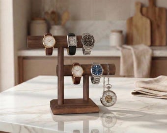 Walnut Watch Holder Stand, Wooden Watch Organizer for Men, Watch Display Rack, Desk Watch Stand, Minimalist Watch Storage, Gift for Him