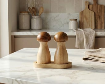 Wooden Mushroom Salt and Pepper Shakers, Cute Kitchen Decor, Rustic Spice Jar Set, Natural Wood Seasoning Holder Gift