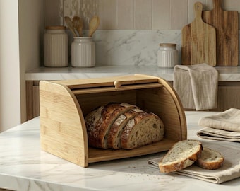 Bamboo Bread Box with Roll Top Lid, Bread Storage Organizer, Kitchen Counter Bread Holder , Natural Kitchen Storage