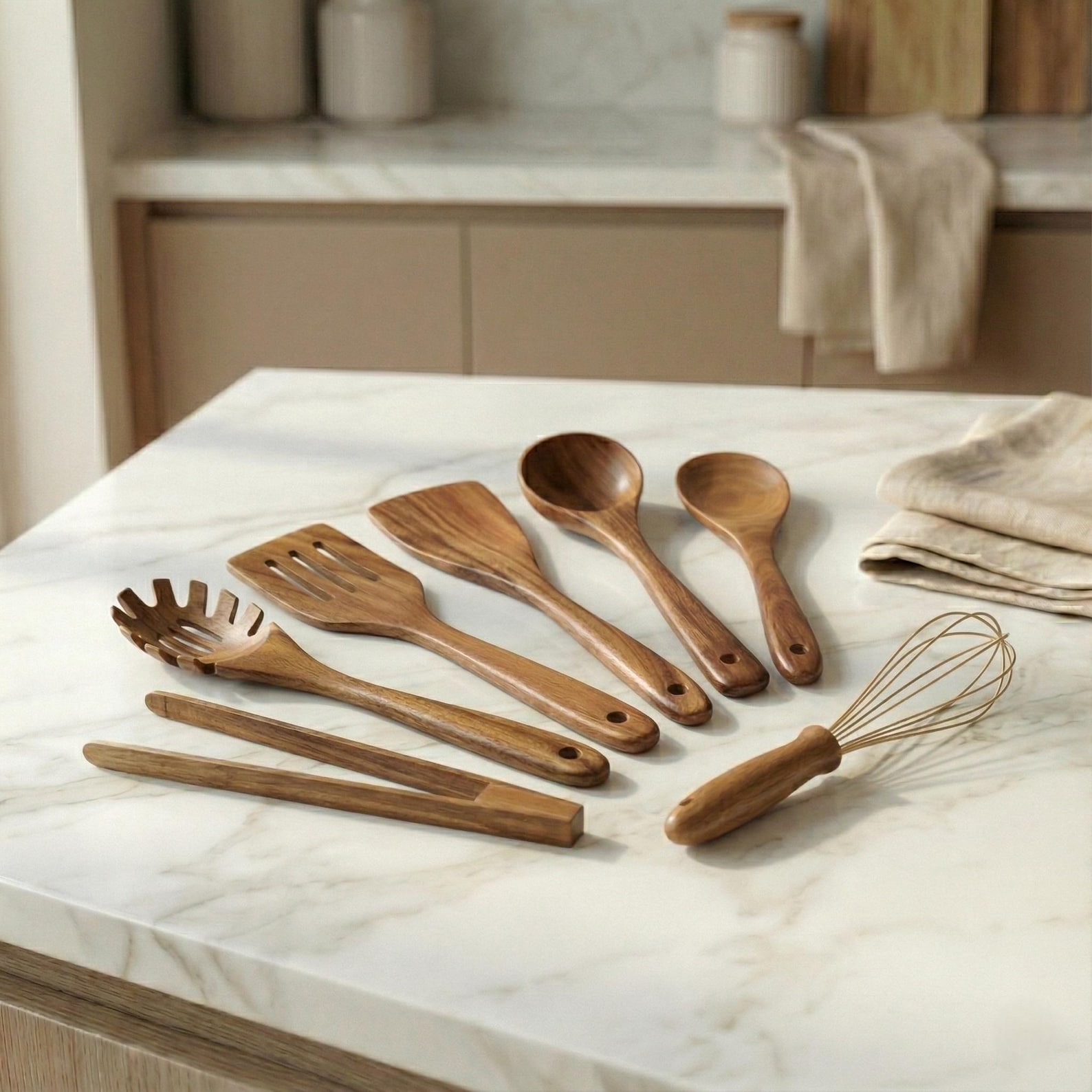 Wooden Kitchen Utensil Set, Teak Wood Cooking Utensils, Wooden Spoons & Spatula Set, Natural Kitchen Tools, 7 or 10 Piece,Gift for Home Chef - 7 Piece Set