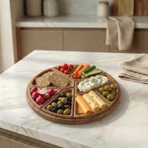Puede incluir: Una bandeja de madera con ocho compartimentos, llena de una variedad de aperitivos. La bandeja contiene galletas saladas, tomates cherry, zanahorias, pepinos, queso, aceitunas, rábanos y una salsa cremosa. La bandeja está sobre una encimera blanca.