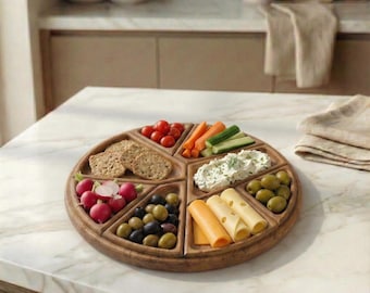 Wooden Divided Serving Tray, Round Rustic Snack Platter, Charcuterie Board, Food Platter for Parties, Natural Wood Kitchen Tray