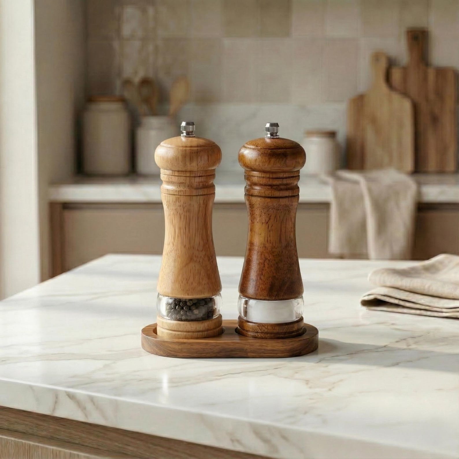 Wooden Salt and Pepper Grinder Set- mix of two + base