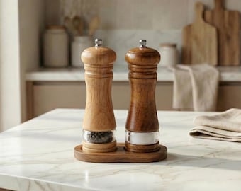 Wooden Salt and Pepper Grinder Set, Manual Spice Mill Set with Acrylic Window, Premium Natural Wood Salt Pepper Shakers, Kitchen Gift