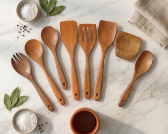 9PCS Teak Wooden Utensils Set with Holder, Nonstick Safe Cooking Spoons & Spatulas, Spoon Rest, Kitchen Tool Set