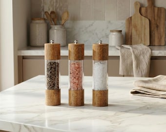 Acacia Wood Salt and Pepper Grinder Set, Premium Wooden Spice Mills for Kitchen, Refillable Seasoning Gift, Modern Countertop Decor
