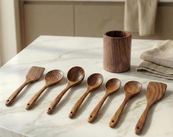 8PCS Wooden Kitchen Utensil Set with Holder – Handcrafted Rustic Cooking Tools, Eco Friendly Wood Spoons & Spatulas