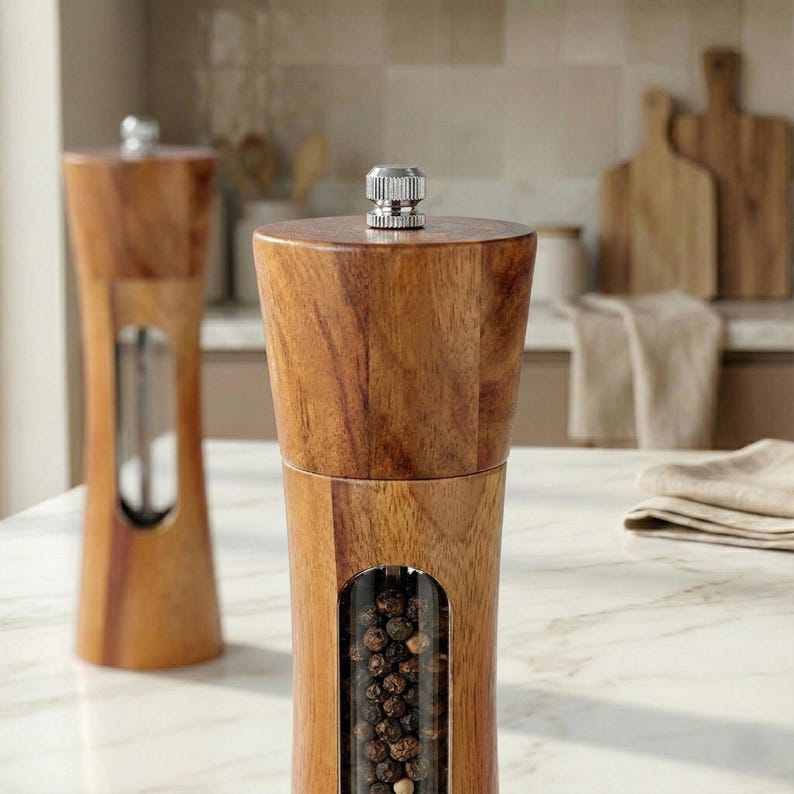 May include: Two wooden pepper grinders with a clear window showing peppercorns. The grinders have a light brown finish and a silver top. One grinder is in focus, and the other is slightly blurred in the background. The grinders are on a white countertop.