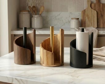 Wooden Paper Towel Holder Stand | Modern Kitchen Roll Dispenser | Freestanding Countertop Organizer | Wood Holder | 3 Colors | 2 Sizes