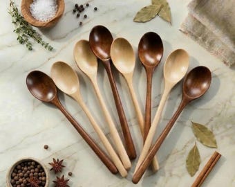 4/8PCS Long Handle Wooden Spoon Set, Mixed Natural Wood Spoons, Korean Style Soup Tea Mixing Spoons, Wooden Tableware Kitchen Utensils