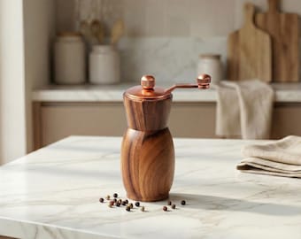 Molinillo de sal y pimienta artesanal de madera de acacia – Molinillo de especias manual de primera calidad con mango de cobre / Decoración rústica de lujo para la cocina
