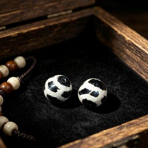 May include: Two spherical beads featuring a distinct black and white mottled pattern. The beads have a smooth, polished surface with a central hole. A partial string of smaller, alternating brown and cream-colored beads is visible to the left.