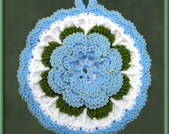 Crocheted Pale Blue Rose Potholder/Wall Art