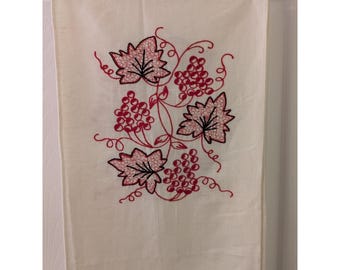 Embroidered Linen Table Runner Red Grape Leaf Vine Kitchen Dining Decor