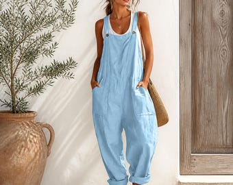 Damesjumpsuit van linnen en katoen, mouwloze romper met wijde pijpen, losse pasvorm, zomeroveralls met verstelbare bandjes, casual effen kleur.