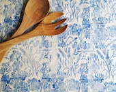 Blue floral dish towel, organic cotton tea towel flower pattern hand printed from linocut block print Eco friendly gift, traditional, rustic
