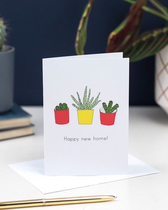 Happy New Home Card Cactus And Aloe Vera Plants In Pots Etsy