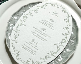 Karta menu weselnego z nadrukiem owalnym, dekoracja kwiatowa na przyjęcie w ogrodzie, eleganckie menu na kolację na zamówienie