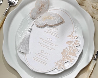 Spersonalizowany zestaw kartek z motywem motyla i menu weselnego z kaligrafią, papier bawełniany